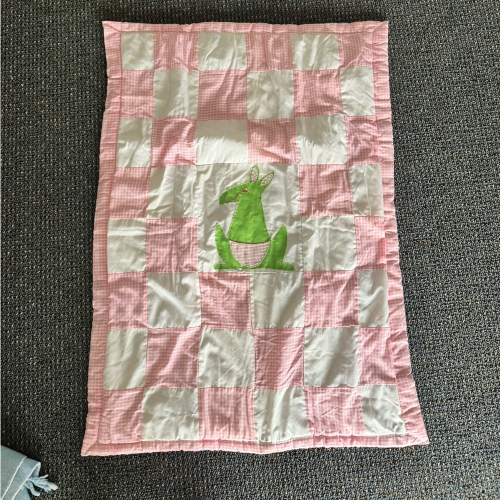 Pink and White Patchwork Baby Blanket with Green Kangaroo